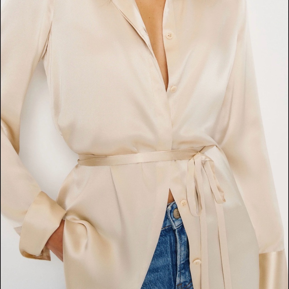 Reformation Silk Button-Up Blouse in Champagne - Picture 3 of 7